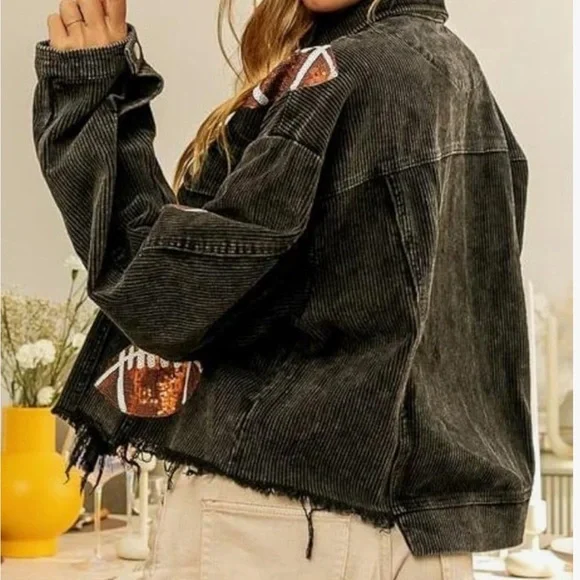Football Sequin Embroidery Cropped Frayed Hem Corduroy Jacket - Picture 2 of 5